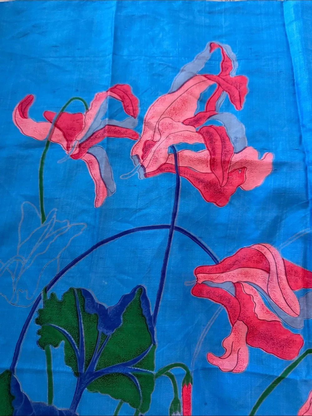 Vintage Thai silk 100% Blue Floral Square Scarf with Pink Bloom